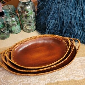 Vintage rare handcrafted lot of 3 stackable wooden serving trays